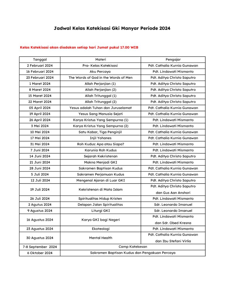 Kelas Katekisasi Terbuka GKI Manyar 2024 Gereja Kristen Indonesia